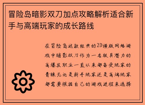 冒险岛暗影双刀加点攻略解析适合新手与高端玩家的成长路线